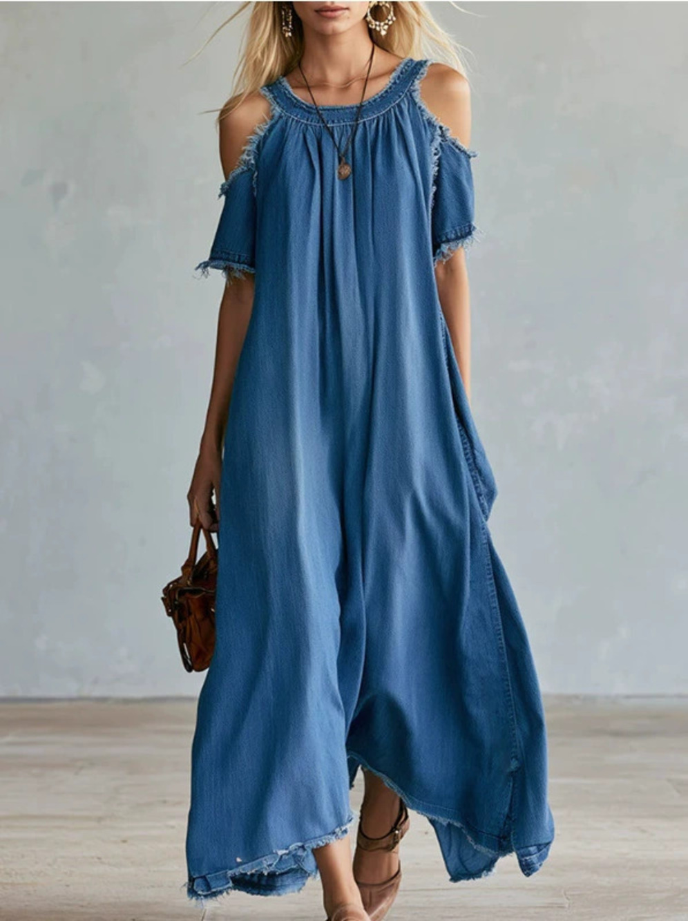Women Fashion Casual Off Shoulder Blue Denim Short Sleeve Long Dress